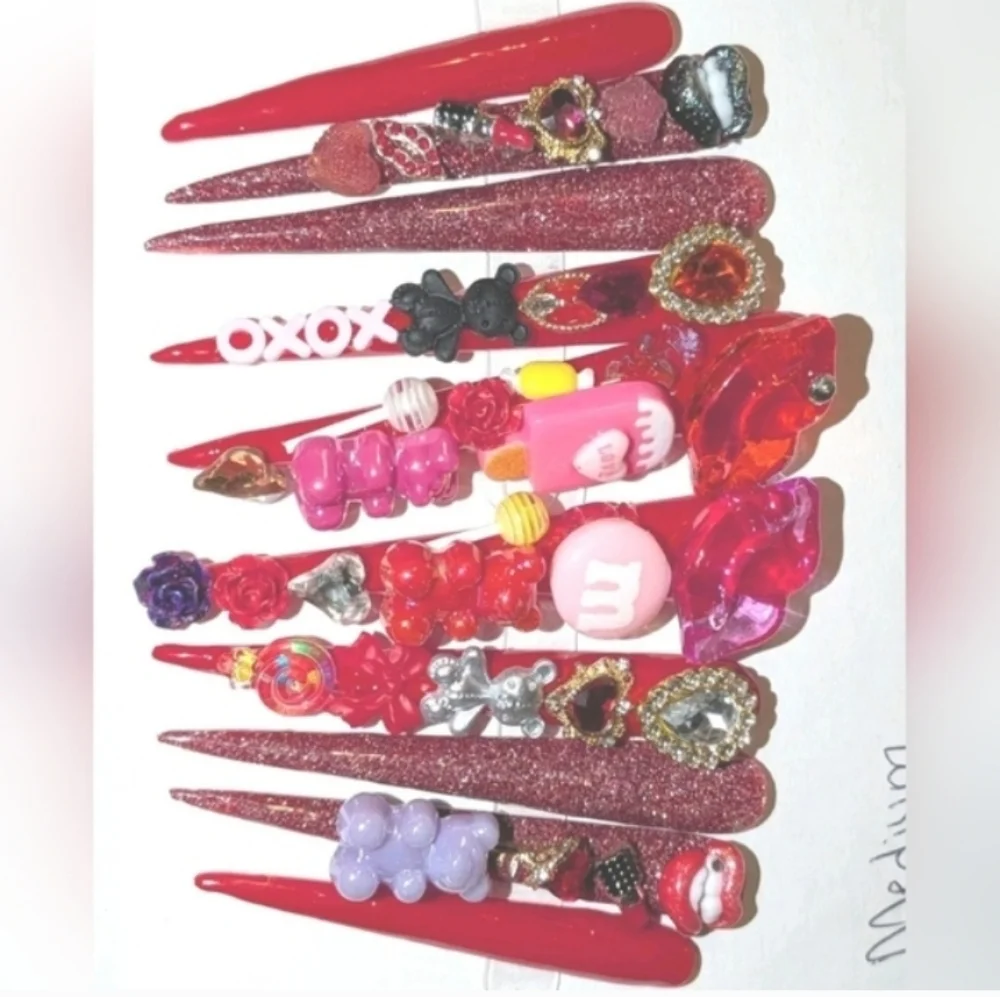 Red and Pink Decorative 4xl Acrylic Press On Nail Set Sz Medium